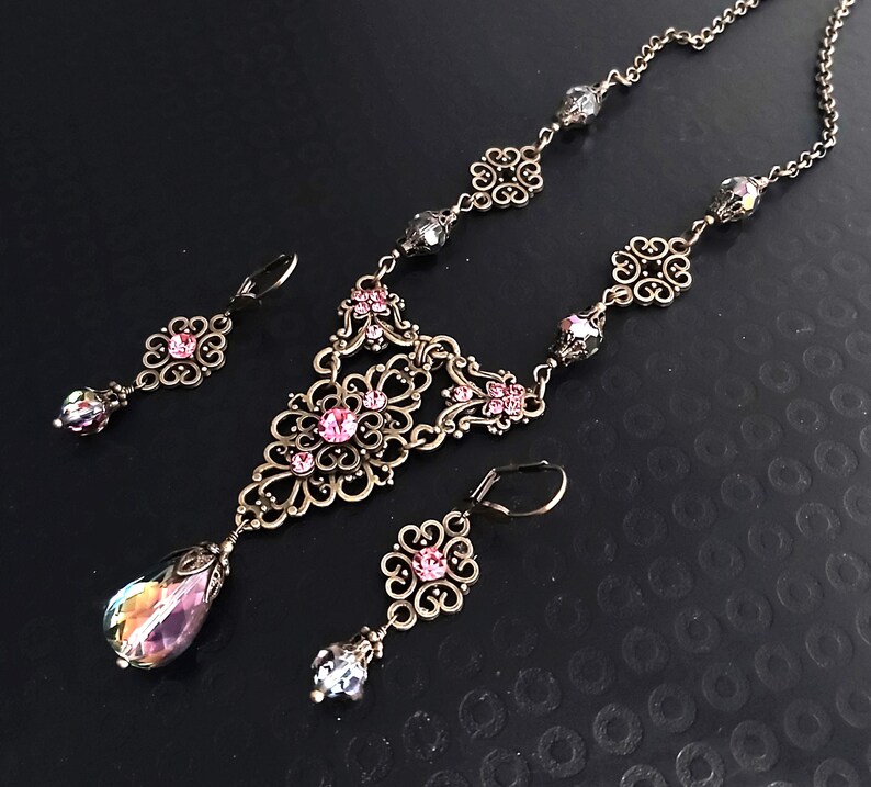 Rainbow Raspberry Acro Rainbow Crystal Teardrop Victorian Pendant Necklace Earrings, Brass ...