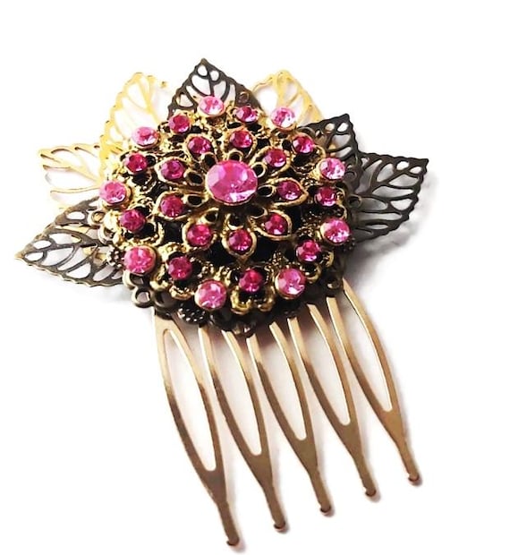 Pink Crystal Rhinestone Flower Hair Comb, Victorian Hair 
