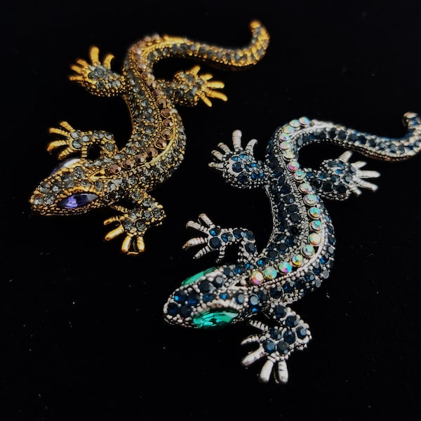 Broche colorée lézard en cristal or ou argent, épinglette Gecko Bling champagne rose sarcelle, cadeau bijoux animaux art déco, joli pendentif scintillant