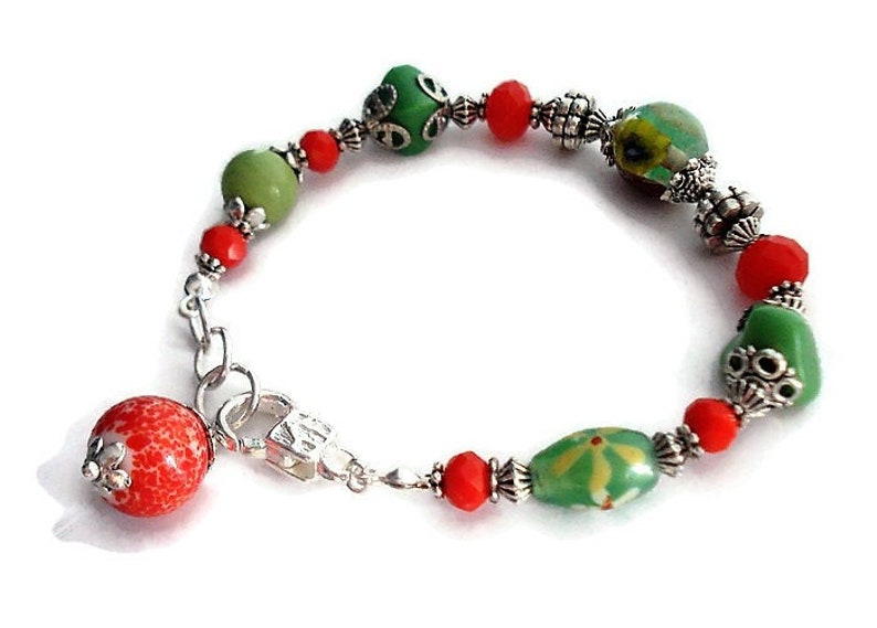 Silver Cuff Bracelet Murano Glass Orange and Green Layering Bracelets Set Bohemian Jewelry Gift For Her Dainty Charm Bracelets For Women
