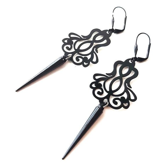 Black Spike Gothic Chandelier Earrings, Laser Cut Filigree Lightweight Large Dangles, Renaissance Statement Jewelry, Metal Lace Long Earring