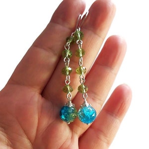 Boucles d'oreilles bracelet en verre craquelé bleu vert, boucles d'oreilles longues en cristal, bijoux modernes décontractés, boucles d'oreilles pendantes, bracelet croisé image 8