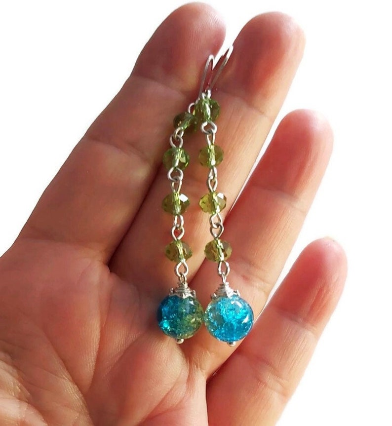 Boucles d'oreilles bracelet en verre craquelé bleu vert, boucles d'oreilles longues en cristal, bijoux modernes décontractés, boucles d'oreilles pendantes, bracelet croisé image 8