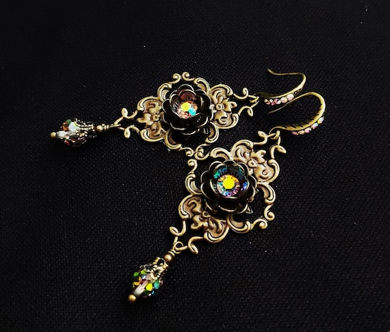 Vintage Swarovski Victorian Chandelier Earrings, Brass Filigree Botanical Earrings, Renaissance Jewelry, Rose Dangle Crystal Rainbow Earring