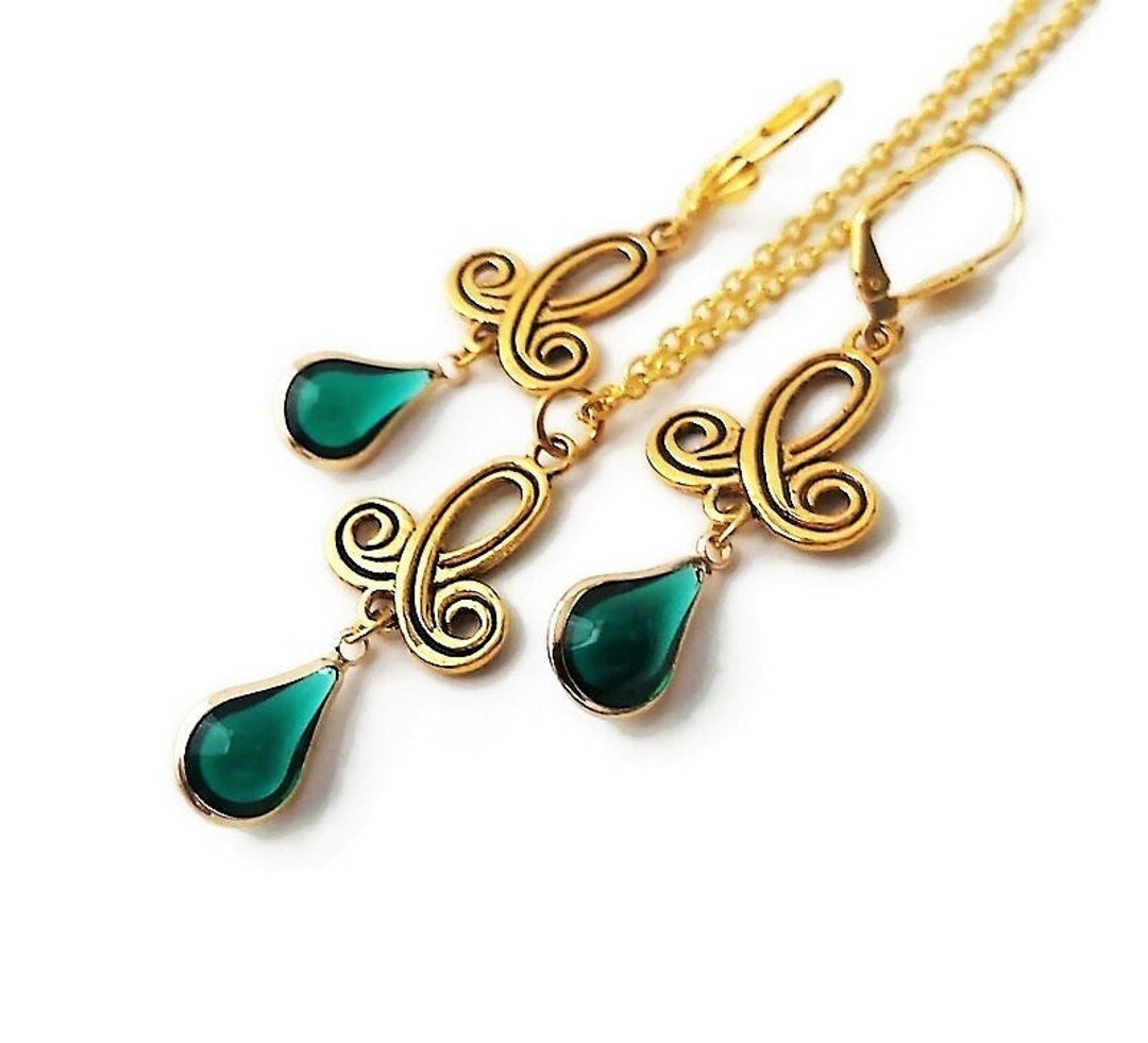 Emerald Green Teardrop Pendant Necklace Earrings Set Antique Etsy Canada