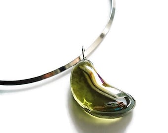 Olive Green Crescent Moon Choker, Stainless Steel Fused Glass Pendant Necklace, Modern Celestial Jewelry, Bohemian Necklace Gift For Women