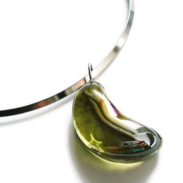 Olive Green Crescent Moon Choker, Stainless Steel Fused Glass Pendant Necklace, Modern Celestial Jewelry, Bohemian Necklace Gift For Women