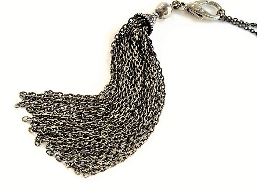 Antique Brass and Silver Tassel Bag Charm, Long Key Chain Tassel, Purse ...