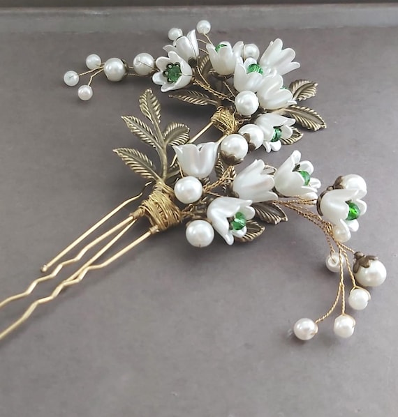 Lily of the Valley Flower Hair Pins Set, Romantic Nature Hair