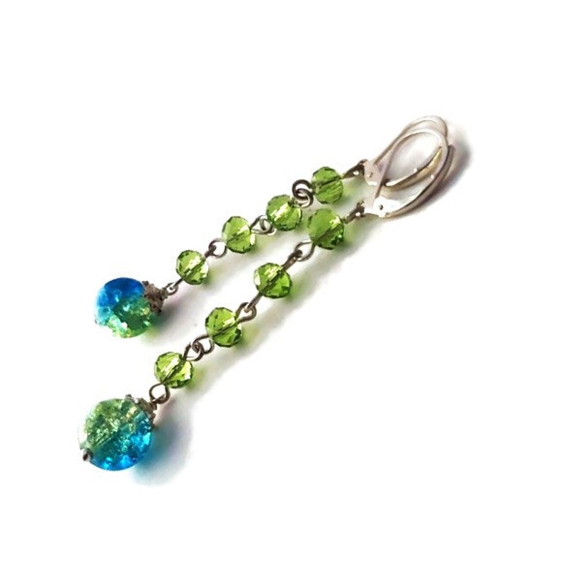 Boucles d'oreilles bracelet en verre craquelé bleu vert, boucles d'oreilles longues en cristal, bijoux modernes décontractés, boucles d'oreilles pendantes, bracelet croisé image 7