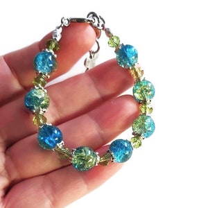 Boucles d'oreilles bracelet en verre craquelé bleu vert, boucles d'oreilles longues en cristal, bijoux modernes décontractés, boucles d'oreilles pendantes, bracelet croisé image 5