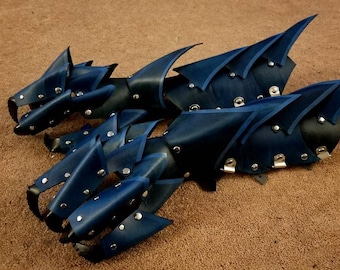 Blue Spikey All Leather Hand Claws and Dragon Bracers COMBO