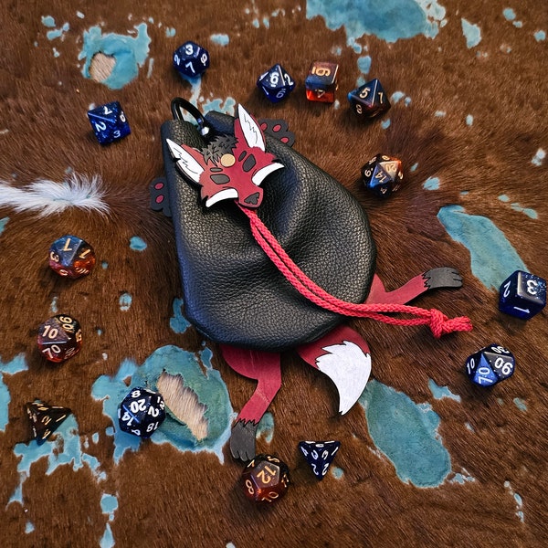 Leather Fox Dice Bag Pull String Pouch