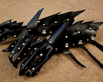 Black Spikey All Leather Hand Claws and Dragon Bracers COMBO