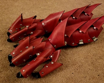 Red Spikey All Leather Hand Claws and Dragon Bracers COMBO GLOWS in UV