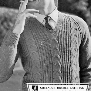 mens v neck sweater knitting pattern vintage 1950s 36-46 inch plain 38-42 inch patterned DK mens knitting patterns PDF instant download