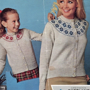 vintage womens fair isle cardigan knitting pattern pdf ladies / girls fair isle yoke jacket 22-28,34-40&quot; 4ply fingering PDF Instant Download