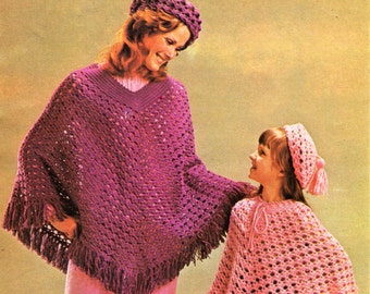 Womens CROCHET PATTERN pdf womens crochet poncho girls crochet poncho (5-14 yrs) crochet beret retro 70s DK Light Worsted 8 Ply Download