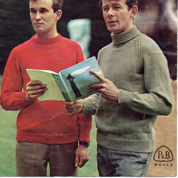 vintage mens classic sweater knitting pattern pdf mens crew / polo neck jumper pullover 34-44" DK light worsted 8ply PDF instant download