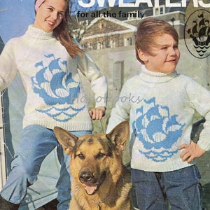 May include: A vintage knitting pattern booklet for "Blue Peter Sweaters" featuring a white sweater with a blue ship design. The pattern is from Patons and is for sizes 26-41 inches chest. The booklet cover also features a child wearing the sweater, a dog, and the text "BBC Television 1969".