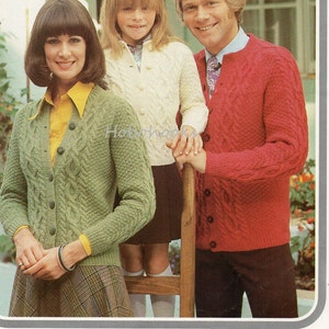 vintage aran cardigan knitting pattern pdf womens mens childrens cable jacket round neck 24-42&quot; DK light worsted 8ply pdf instant download