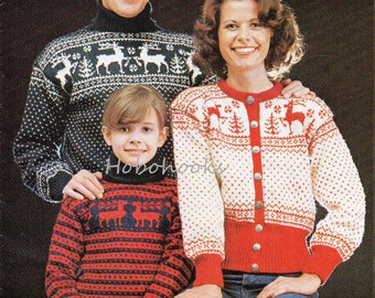 Mens Childrens Reindeer fair isle sweater knitting pattern pdf 24-30/40-44" Ladies Cardigan 34-38" DK lt worsted 8ply PDF instant download