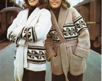Vintage womens fair isle cardigan knitting pattern pdf ladies belted jacket long length 34-36 inch aran worsted 10ply instant download