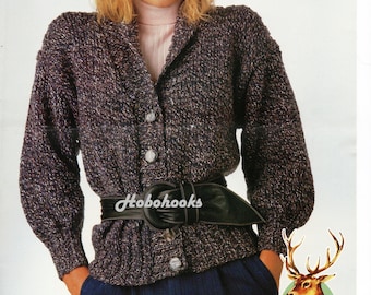 May include: A purple and black knitted cardigan with a black belt and buttons. The cardigan is modelled by a person wearing a black hat and blue trousers. The text "Hobohooks" is visible on the belt. The text "Srampian Chunky" is visible in the lower right corner of the image.