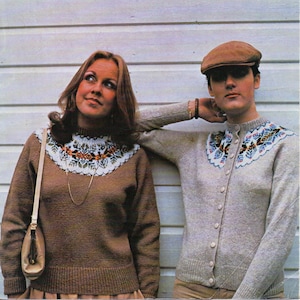 vintage womens fair isle sweater cardigan knitting pattern pdf fairisle yoke jumper 34-40 inch 3ply pdf instant download
