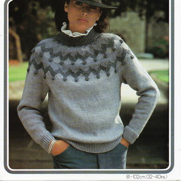 womens fair isle sweater knitting pattern pdf ladies fair isle yoke jumper 32-40" DK light worsted 8ply pdf instant download