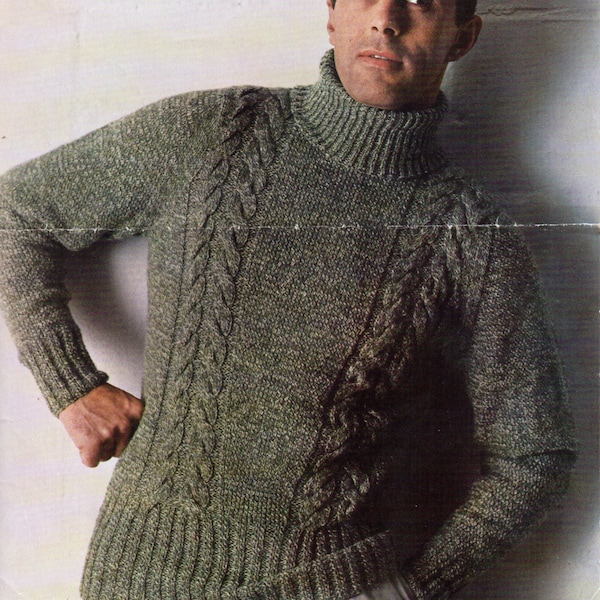 Mens Knitting Pattern Mens Cable Polo Neck Sweater Mens Sweater Polo Neck Jumper  38-42 inch DK Mens Knitting Patterns PDF instant download