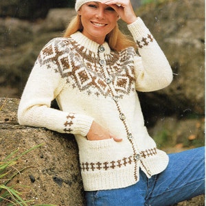 womens icelandic fair isle jacket hat knitting pattern pdf ladies fairisle yoke cardigan 32-40&quot; chunky bulky 12ply pdf instant download
