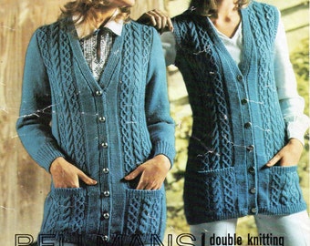 vintage womens cable cardigan and waistcoat knitting pattern pdf ladies long line cardigan 32-42" DK light worsted 8ply pdf instant download