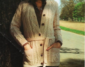 womens aran belted cardigan knitting pattern pdf long cable jacket 34-40 inch DK light worsted 8ply pdf instant download
