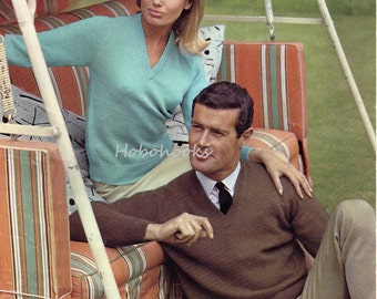 Vintage 60s V-Neck Sweater Knitting Pattern (34-44 inch) (PDF Pattern)