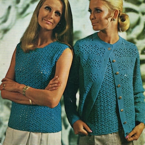 Vintage womens crochet top cardigan set crochet pattern PDF ladies crochet sweater jacket 32-42 inch 4ply instant download