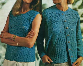 Vintage womens crochet top cardigan set crochet pattern PDF ladies crochet sweater jacket 32-42 inch 4ply instant download