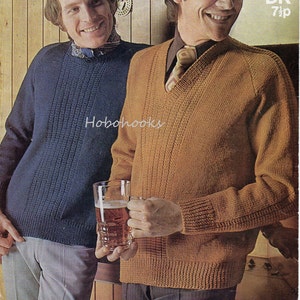 vintage mens sweater knitting pattern pdf mens jumper v neck round neck rib panel 38-44&quot; DK light worsted 8ply pdf instant download