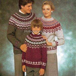vintage womens mens childrens fair isle sweater knitting pattern pdf ladies fairisle yoke jumper 26-42&quot; chunky bulky 12ply instant download