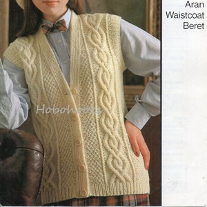 Womens Knitting Pattern Pdf Womens Aran Waistcoat Beret Cable Long ...