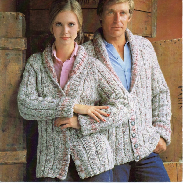 women mens chunky cardigan knitting pattern pdf ladies shawl collar jacket 32-42 inch chunky bulky 12ply pdf instant download