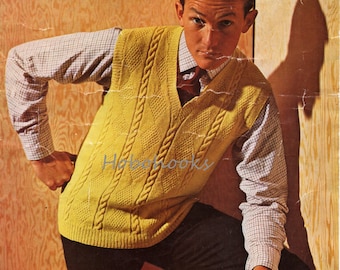 Vintage Mens Cable Knit Slipover Pattern, Sleeveless Sweater Vest (PDF Download)