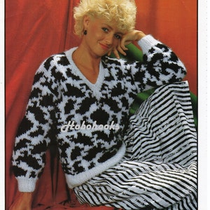 womens sweater knitting pattern PDF ladies chunky animal print jumper  v neck 30-36 inch chunky bulky 12ply pdf instant download