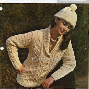 vintage womens aran shawl collar cardigan knitting pattern pdf ladies cable jacket hat 34-40&quot; DK 8ply / aran worsted 10ply instant download