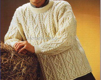 mens aran sweater knitting pattern pdf larger sizes mens cable jumper 34-52" aran worsted 10ply PDF instant download