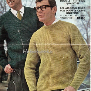 vintage mens rib sweater knitting pattern pdf crew neck v neck ribbed jumper 38-42inch DK light worsted 8ply pdf instant download