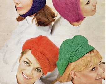 Vintage womens hat knitting pattern pdf helmet newsboy hat peaked hat DK light worsted 8ply pdf instant download