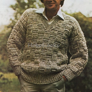 CROCHET PATTERN mens chunky sweater mens jumper v neck basketweave 97-107 cms  Chunky / Bulky yarn Mens Crochet Pattern-PDF instant download