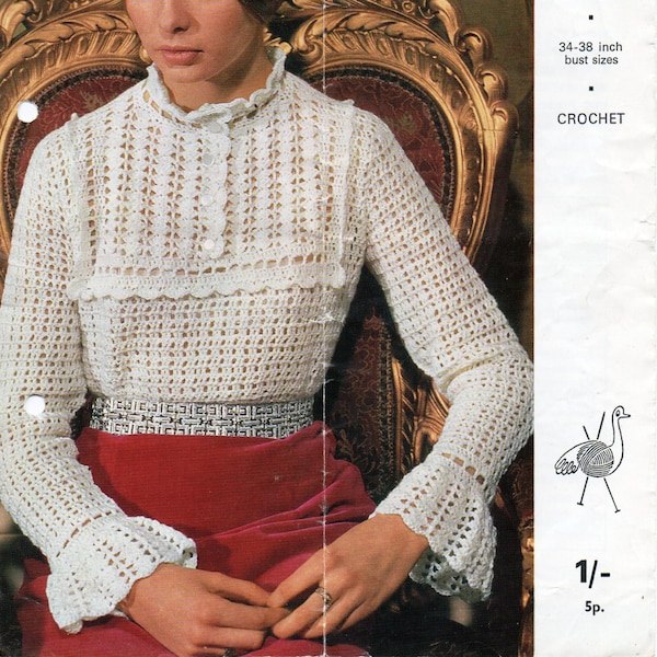 vintage Womens crochet blouse CROCHET PATTERN retro 70s ladies lacy Crochet top 34-38 inch 4Ply womens crochet pattern PDF Instant Download