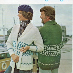 vintage womens mens fair isle jacket knitting pattern pdf long belted cardigan shawl collar 32-42&quot; aran worsted 10ply pdf instant download